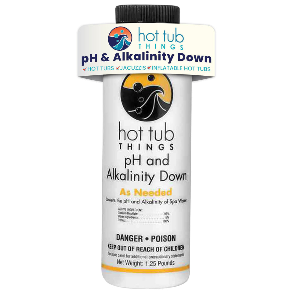 Hot Tub Things pH Down bottle ready to balance spa water.