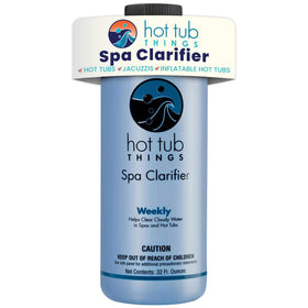 Hot Tub Things Spa Water Clarifier bottle pouring into a tub to clear cloudy water