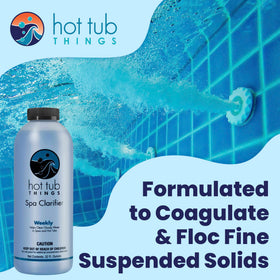 Hot Tub Things Spa Water Clarifier bottle beside silky-soft spa water