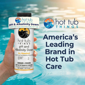 Hot Tub Things test strips and bottle illustrate balanced water steps.