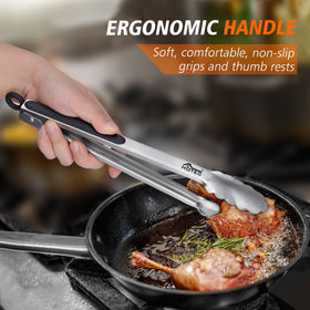 Hotec 12-inch tongs ideal for grilling with safe distance.