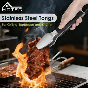 Hotec 12-inch tongs designed for BBQ grilling with heat-resistant, secure handling.
