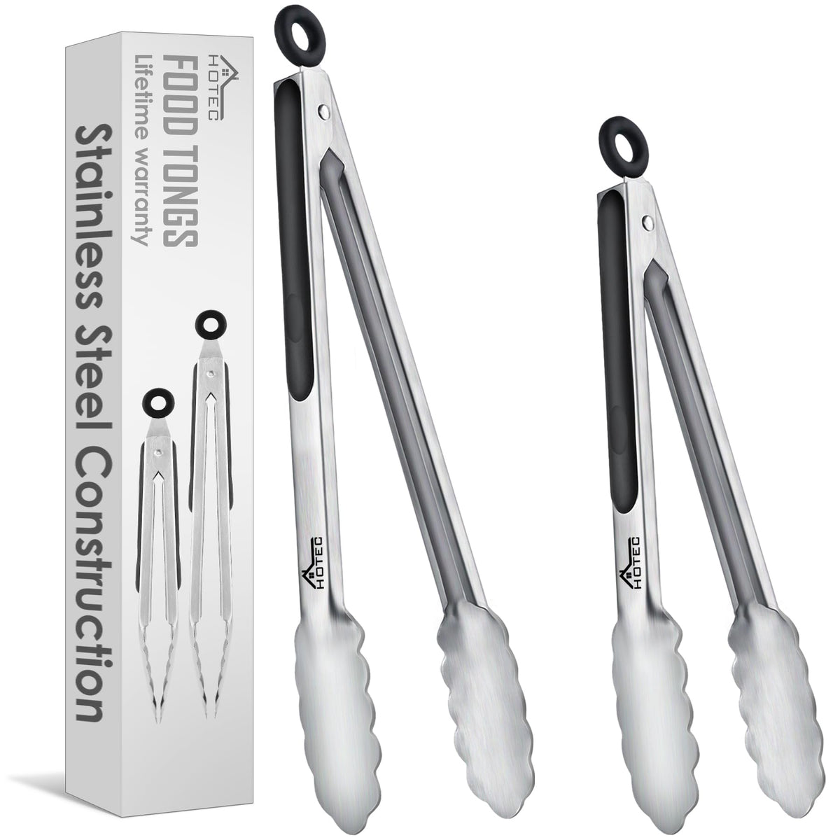 Hotec 9-inch stainless steel kitchen tongs for precise cooking control.
