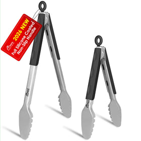 Hotec 9-inch stainless steel kitchen tongs with non-slip grip for precise flipping.