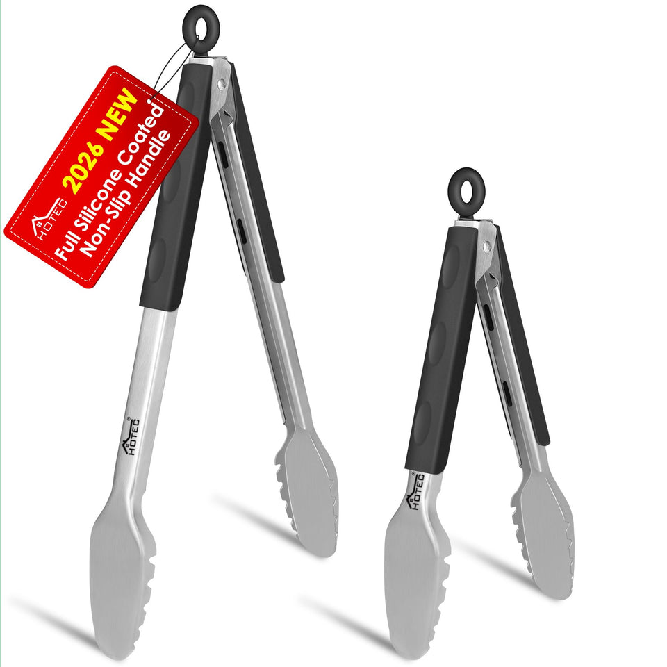 Hotec 9-inch stainless steel kitchen tongs with non-slip grip for precise flipping.