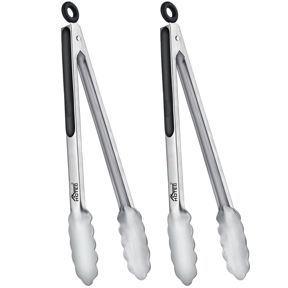 Hotec stainless steel kitchen tongs set of 2 with 12-inch reach for versatile cooking
