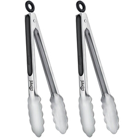 Hotec stainless steel 9-inch tongs in action for flipping with precision.