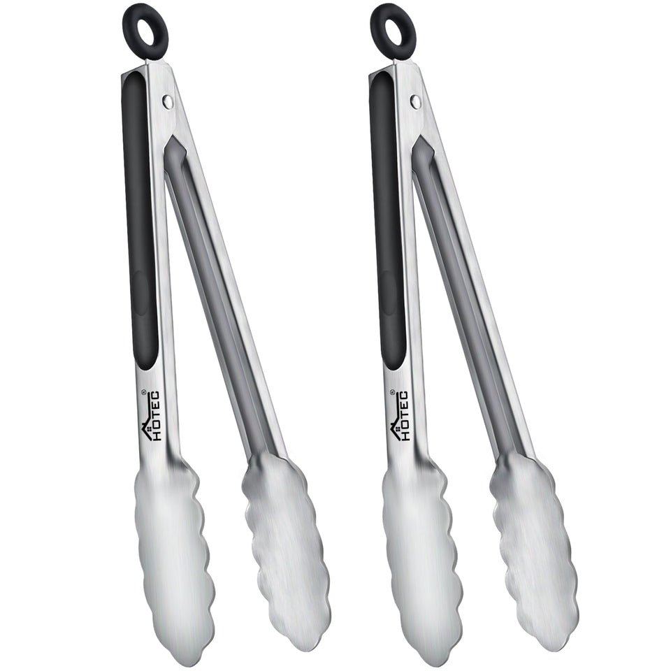 Hotec stainless steel 9-inch tongs in action for flipping with precision.