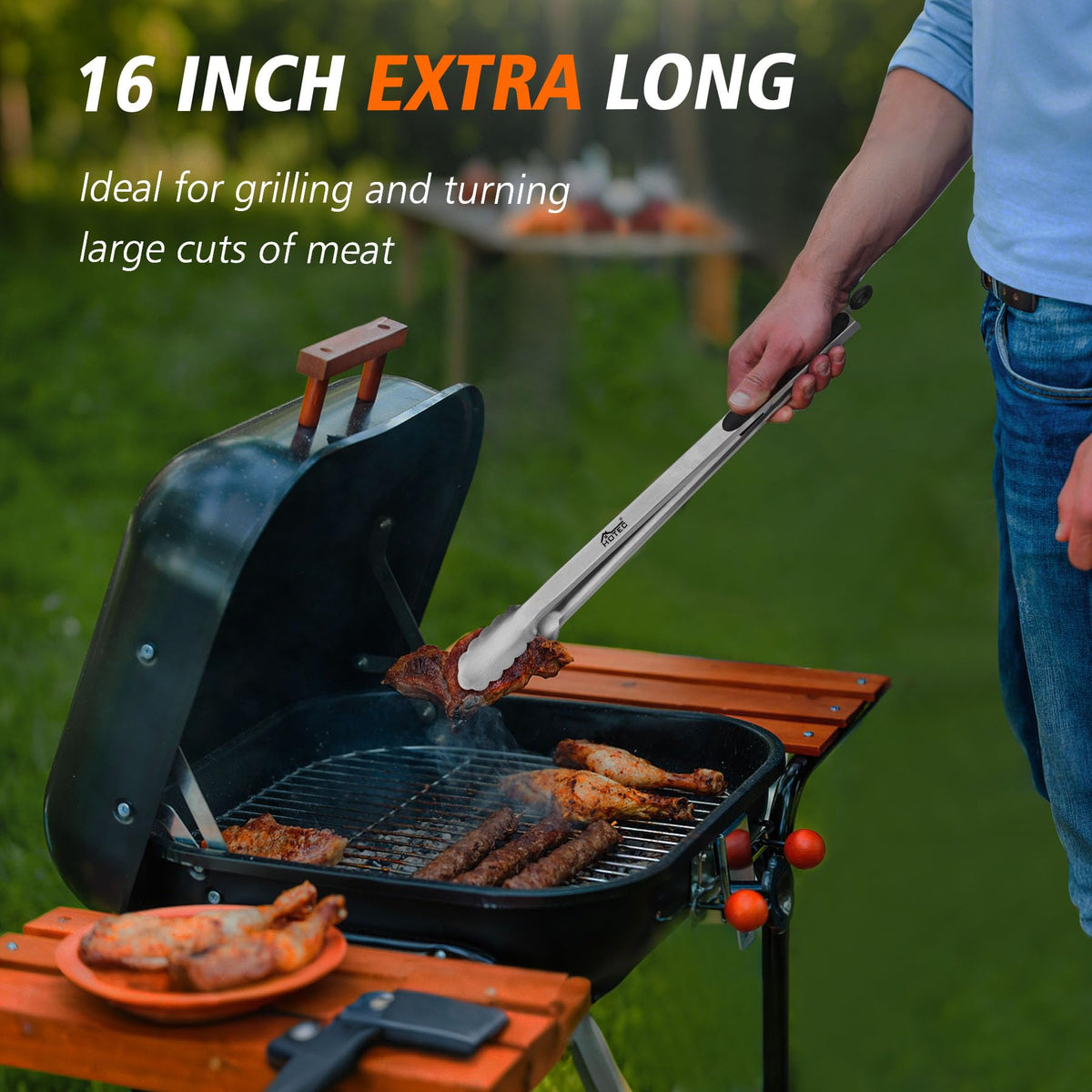 Hotec 16-inch tongs feature a stainless steel body for durability