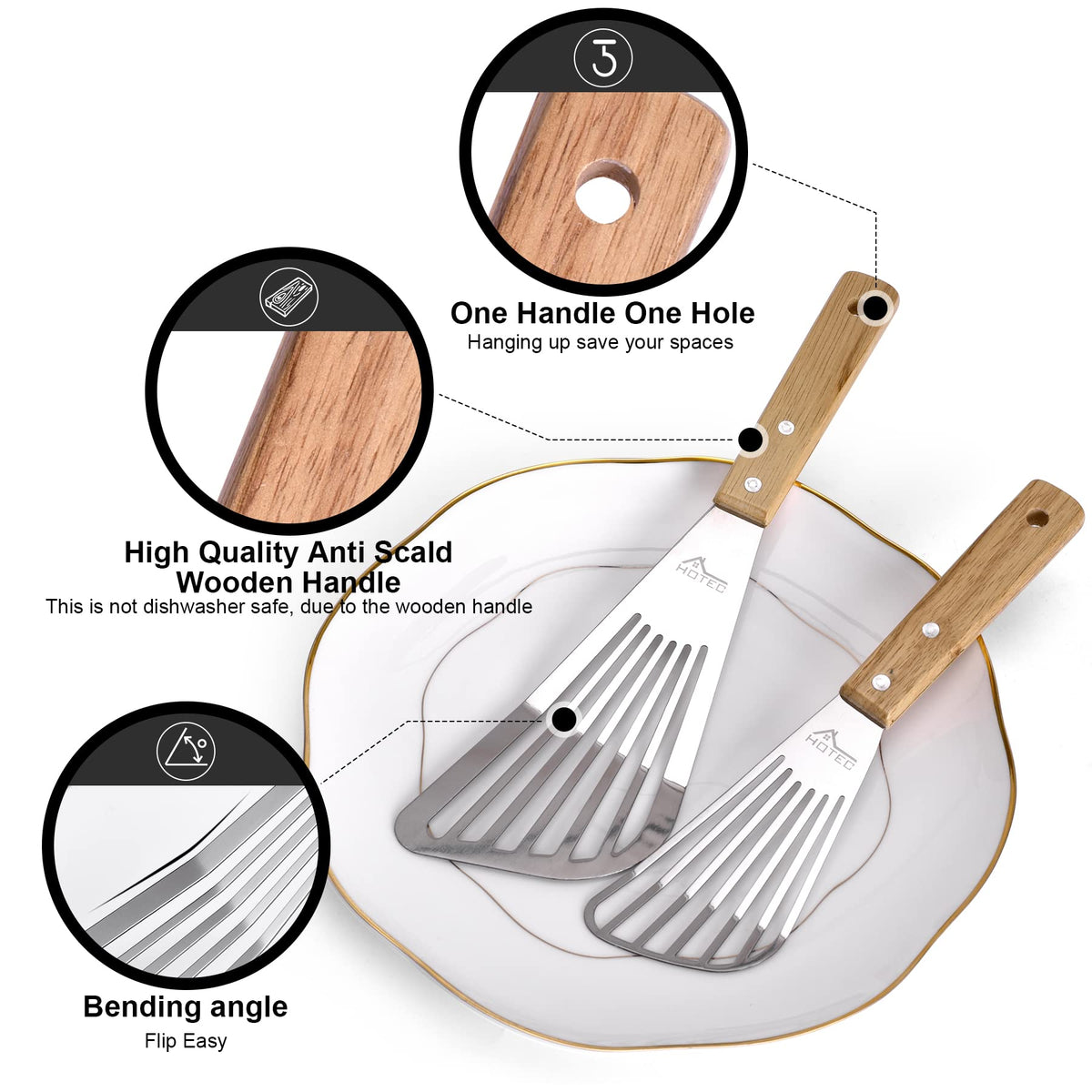 HOTEC wooden-handle grip on spatula for comfortable, precise control during flipping