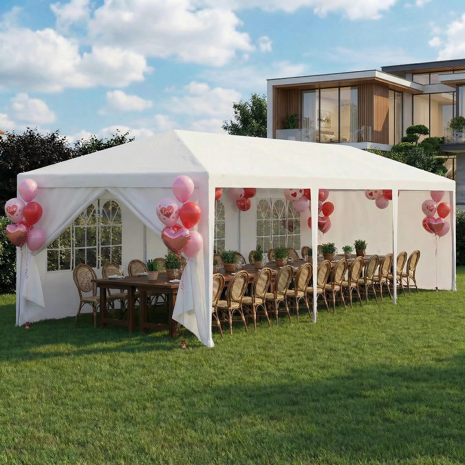 Hoteel 10x30ft party tent front view with sturdy alloy frame offering reliable shade.