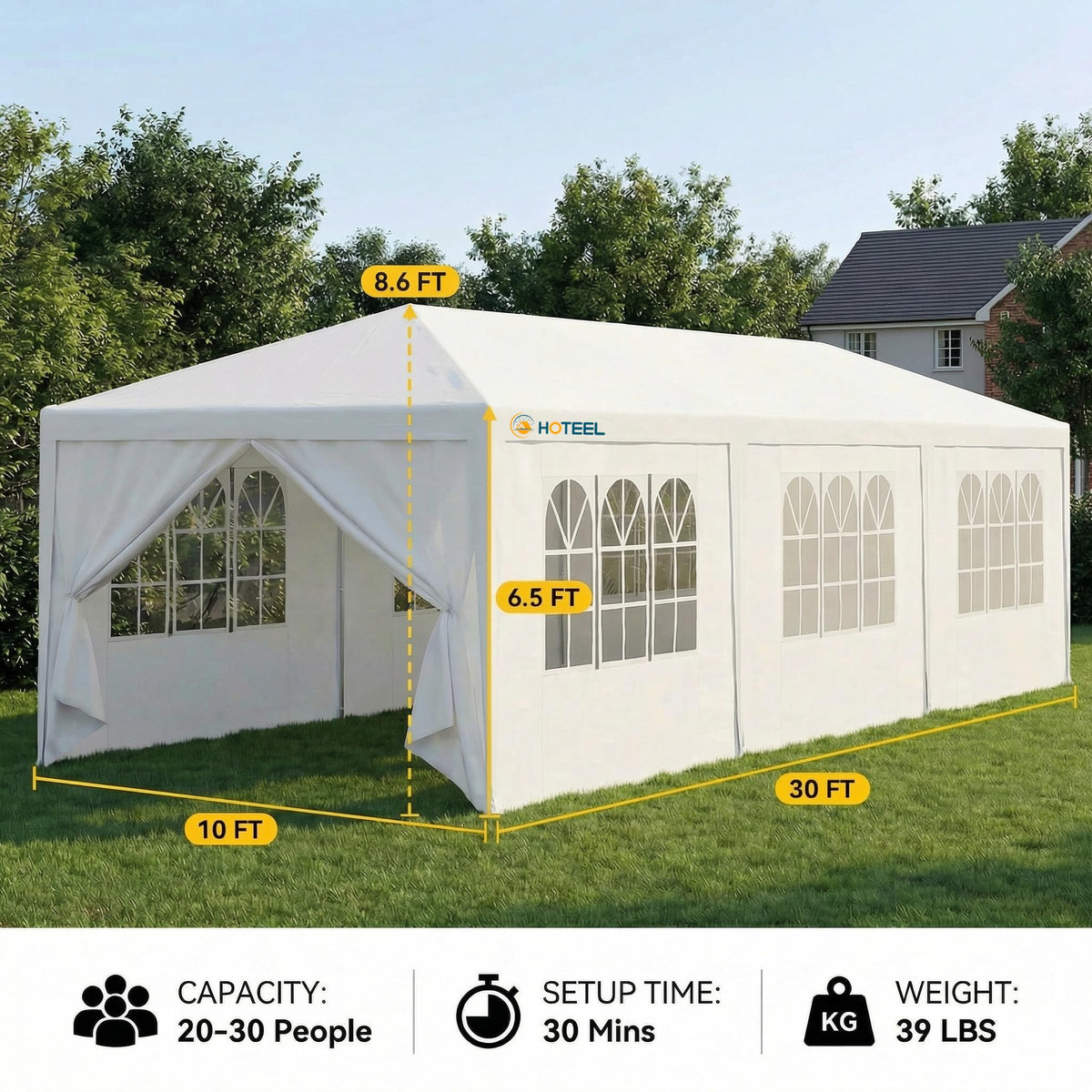 Hoteel party tent with sidewalls removed for open air hosting.