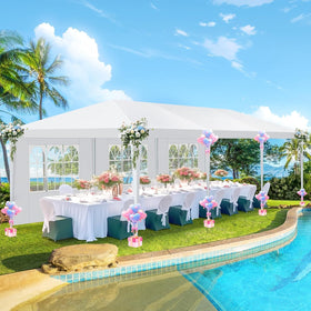 Hoteel waterproof canopy keeps guests dry during light rain showers.