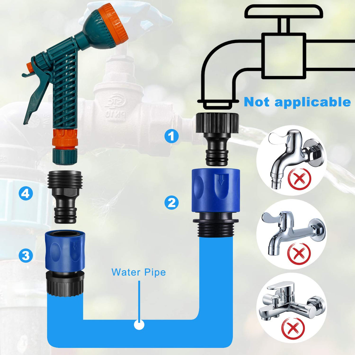 Hotop faucet connector blue secures garden hose taps.