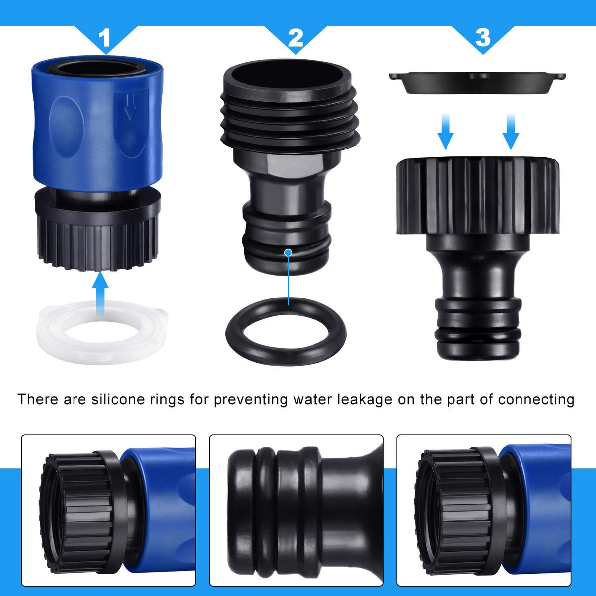 Hotop hose end adapter blue enables quick hose-to-device connections.