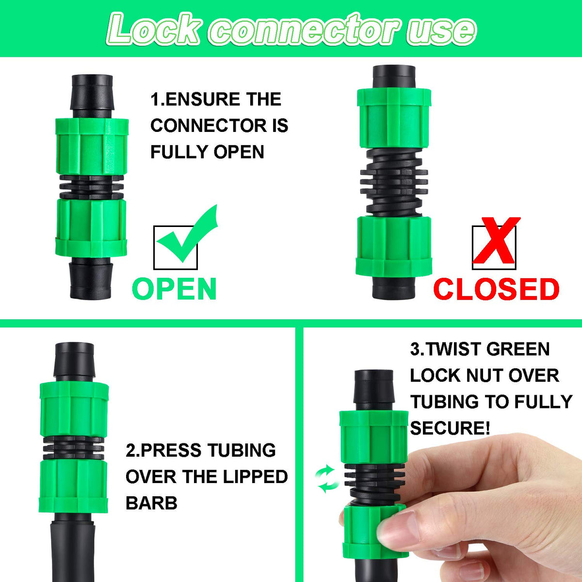 Hotop twist-lock tubing fitting ensures secure holds during irrigation.