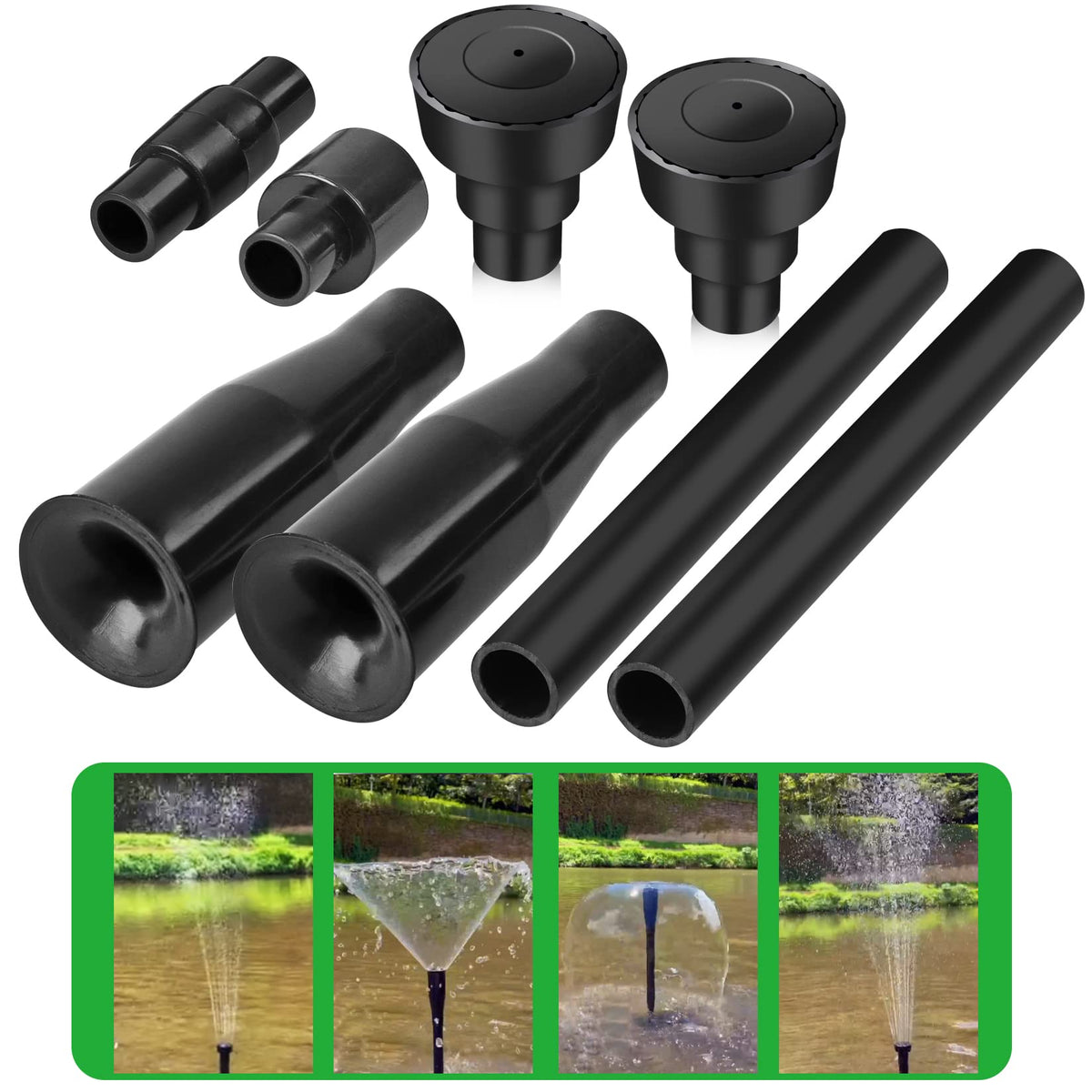 Hottche blossom-head nozzle for ponds creates graceful arcs in garden displays.
