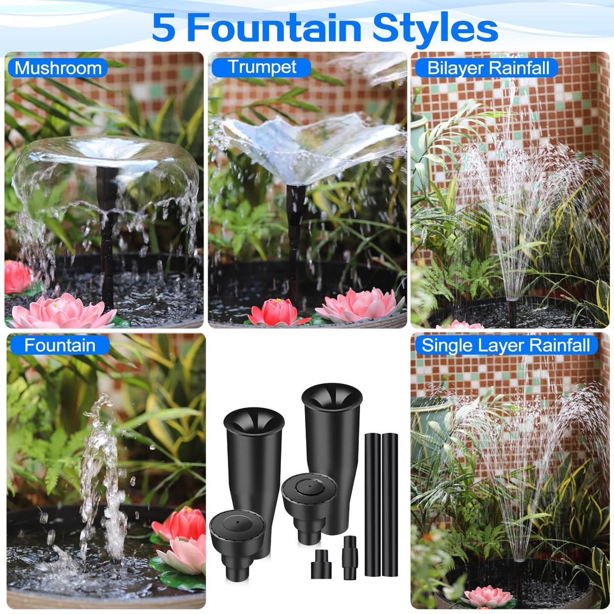 Hottche trumpet-head nozzle for dynamic garden fountain sprays.
