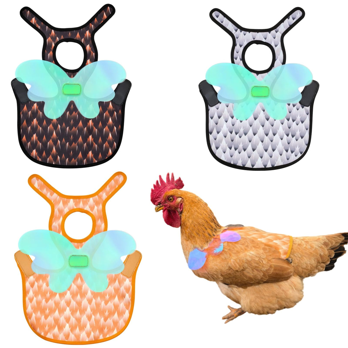 HOUGXD chicken saddle with detachable wings protecting a hen's back from pecking.