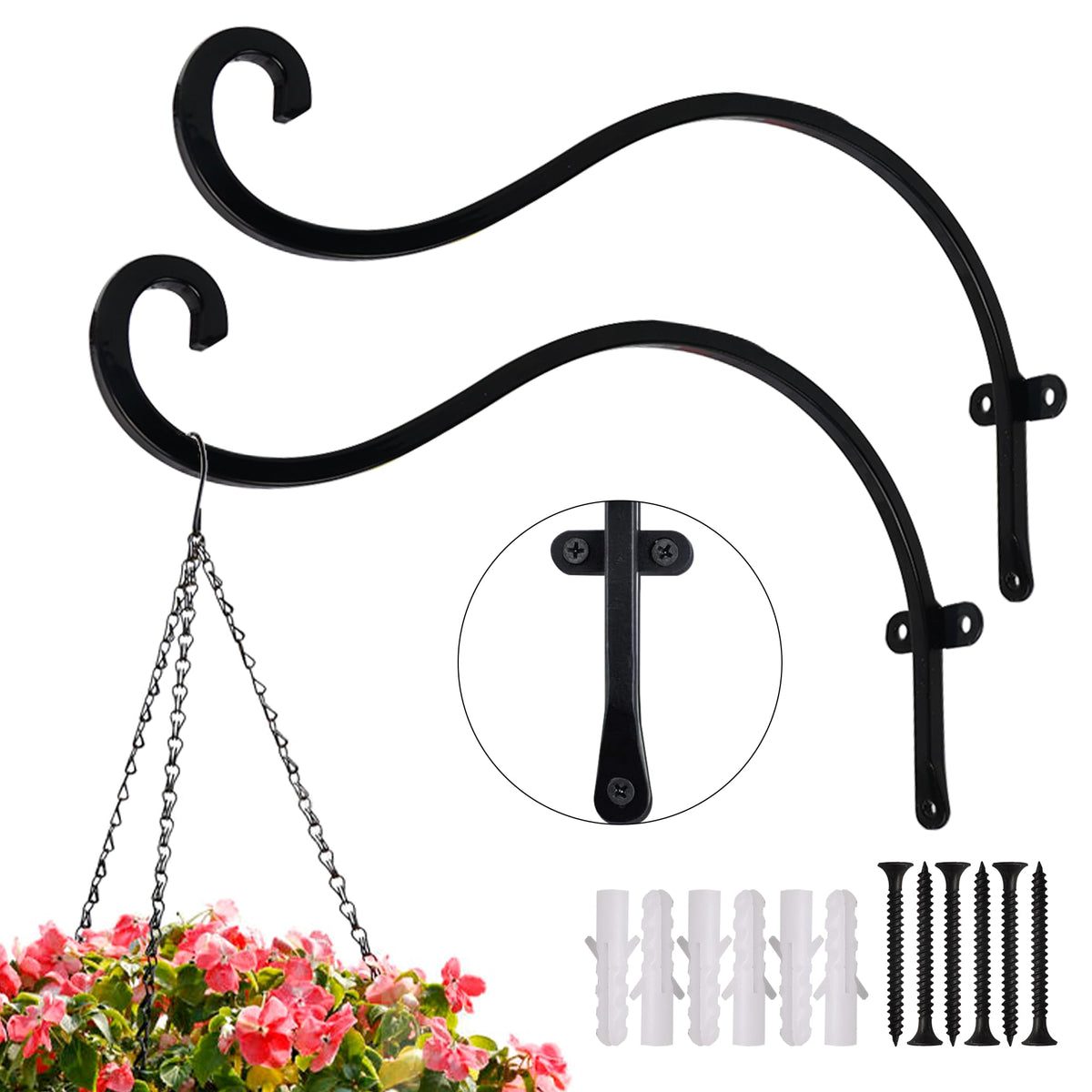 Hourleey 2-pack outdoor plant hangers with 12-inch brackets securely holding baskets.