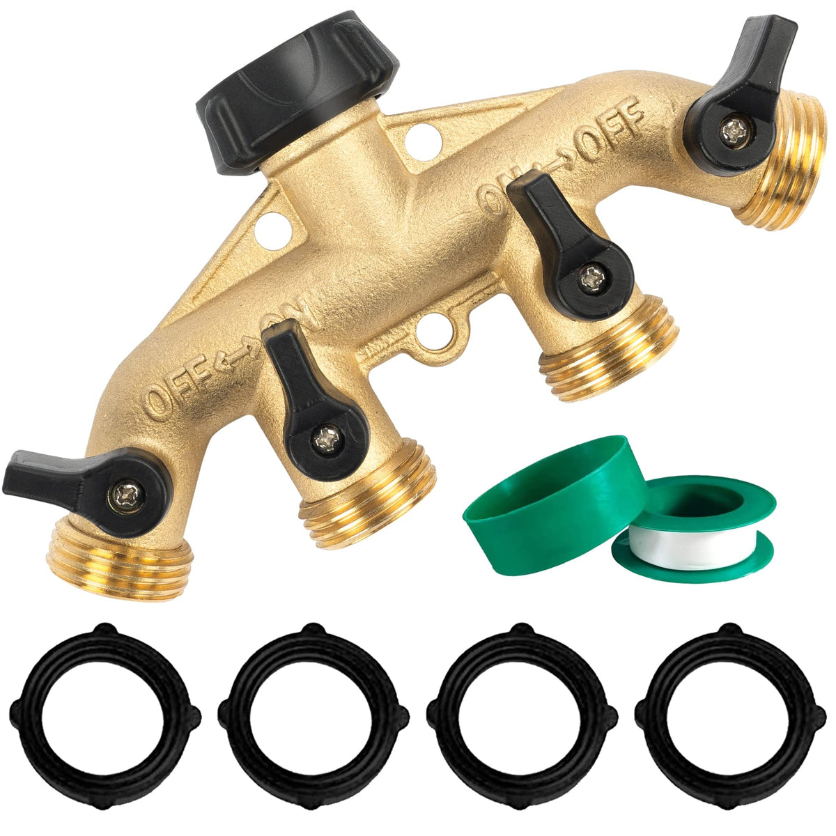 Hourleey brass 4-way splitter front view with four independent valves for precise watering