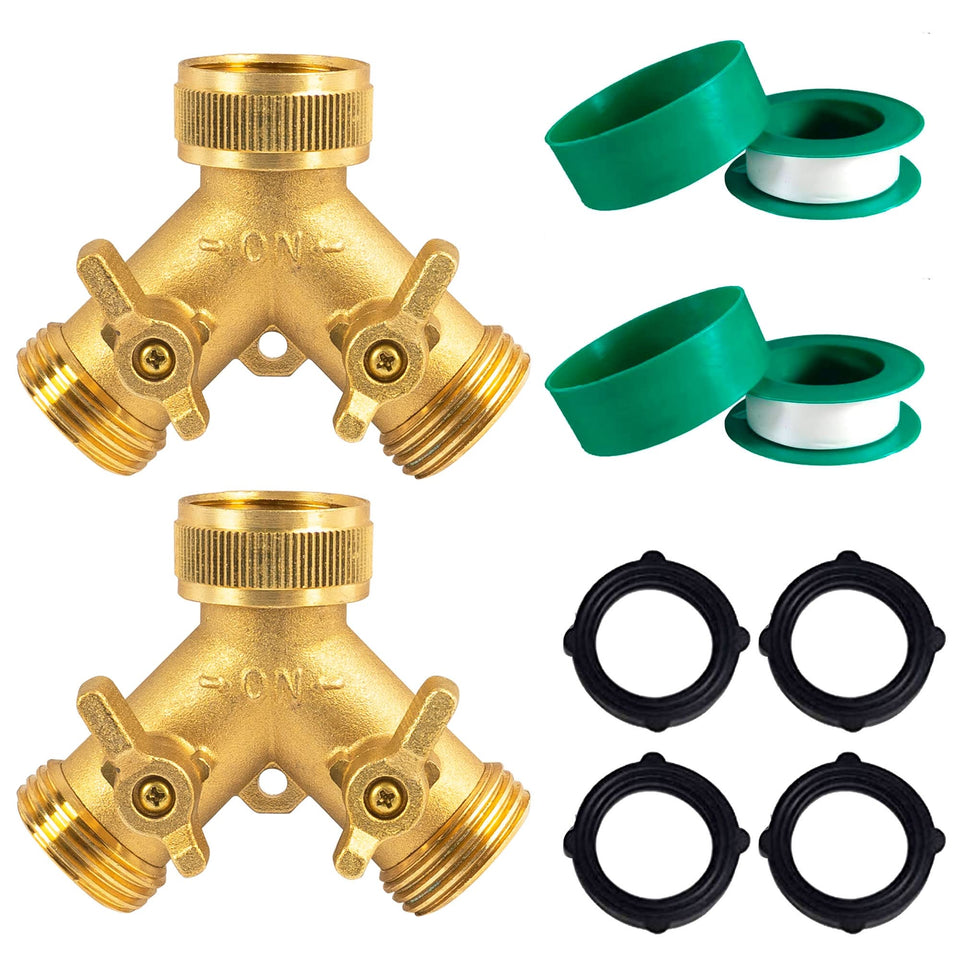 Hourleey brass garden hose splitter front view showing a durable two-way design