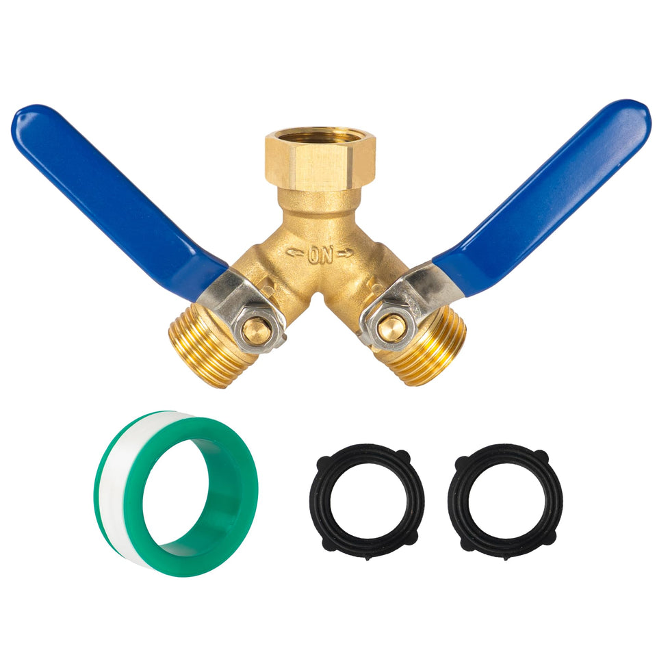 Hourleey brass garden hose splitter emphasizes durable construction for leak-free watering.