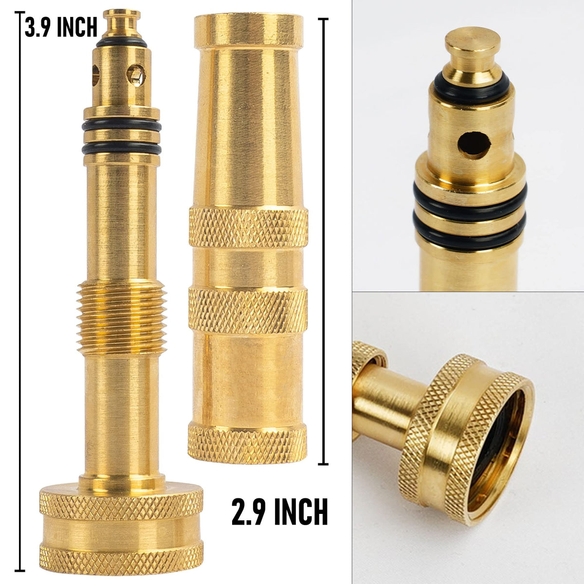Hourleey brass hose nozzle closeup shows durable construction for long life.