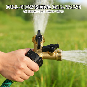 Hourleey brass hose splitter closeup highlights durable construction.