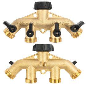 Hourleey brass 4-way splitter in use for multi-zone watering
