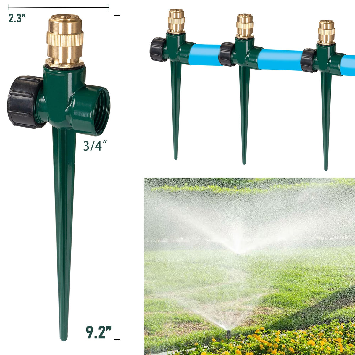 Hourleey brass lawn sprinkler with stable spike base for easy setup.