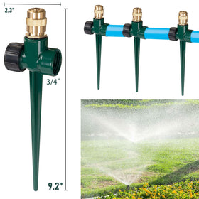 Hourleey brass lawn sprinkler with stable spike base for easy setup.