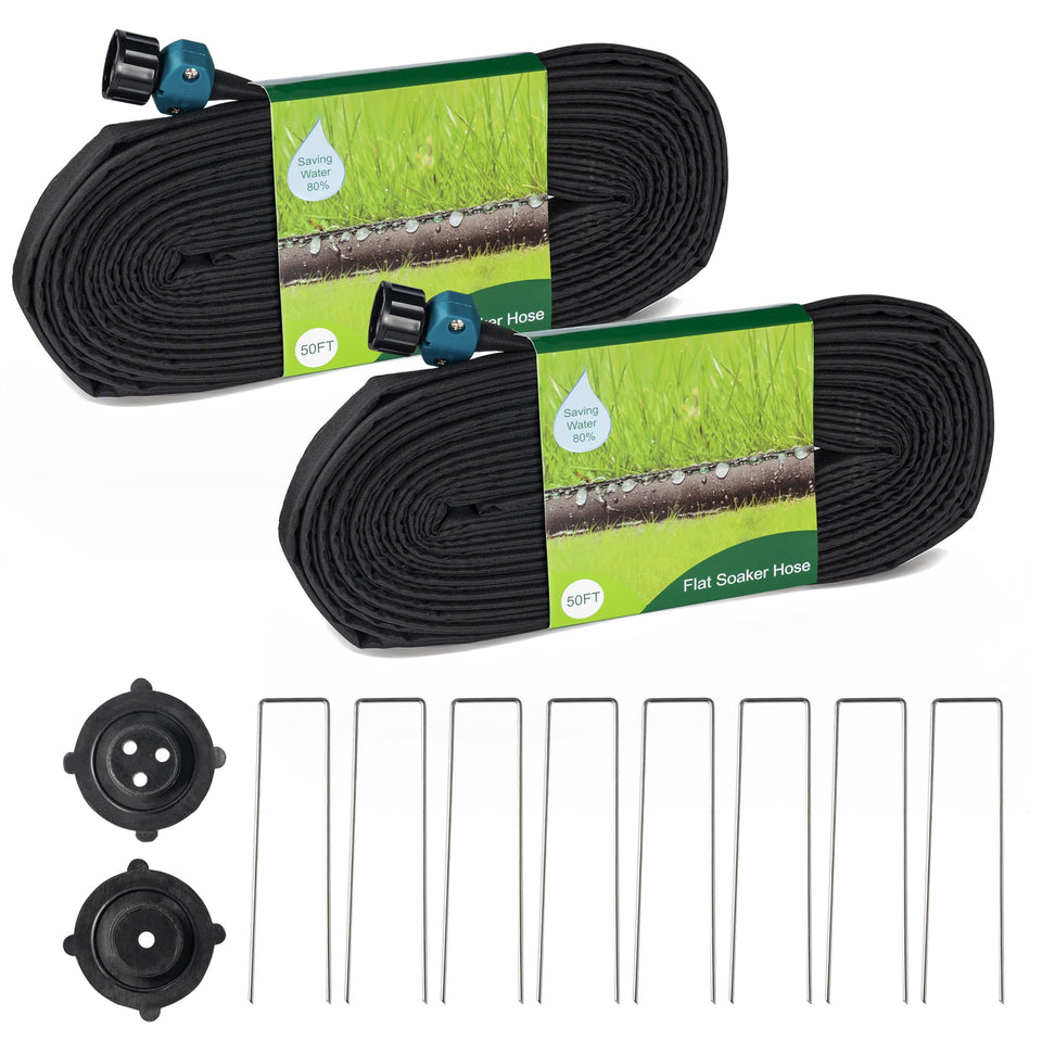 Hourleey flat soaker hose laid in garden bed for even irrigation.
