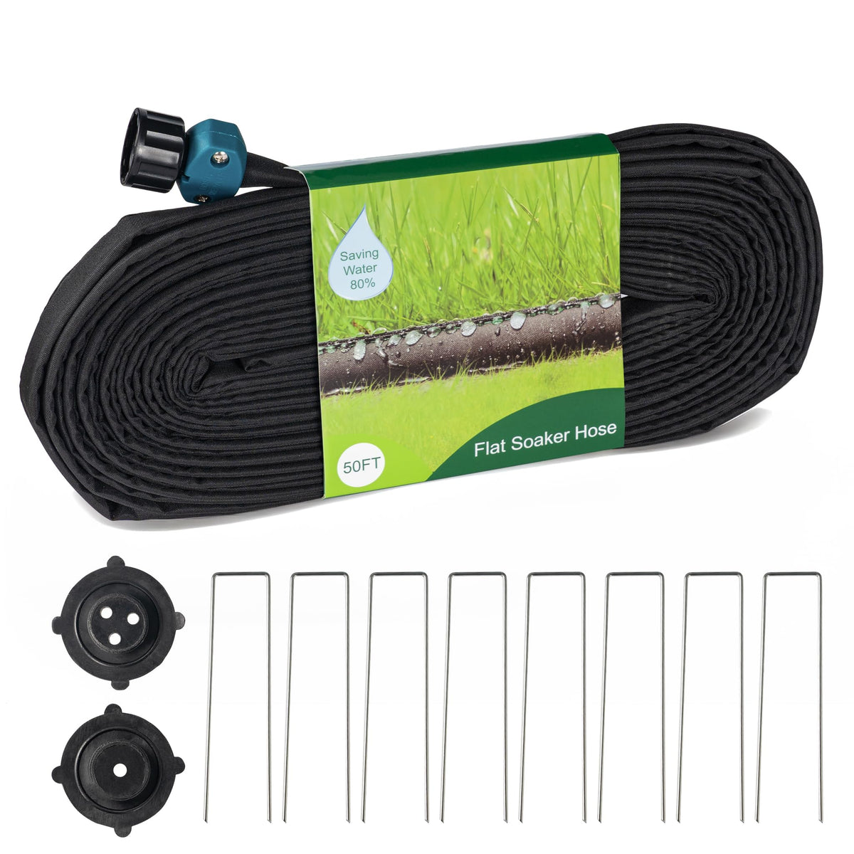 Hourleey flat-soaker-hose 50ft in a garden bed delivering water to roots.