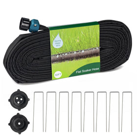 Hourleey flat-soaker-hose 50ft in a garden bed delivering water to roots.
