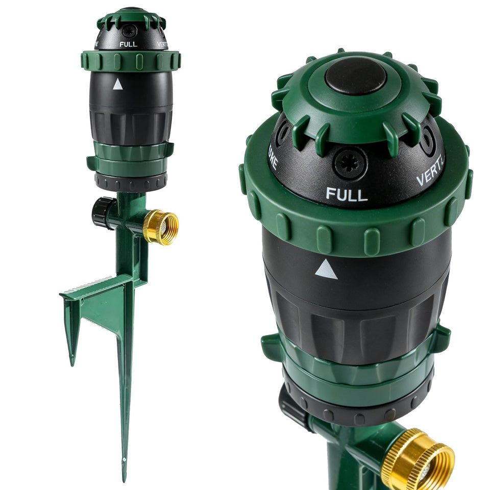 Hourleey gear drive sprinkler shows 360-degree rotation for even lawn coverage.