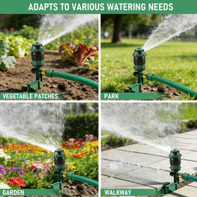 Hourleey sprinkler with five modes adapts to vertical jet, flat, cone, and more.