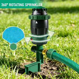 Hourleey gear drive sprinkler mounted on a stable ground stake for consistency.