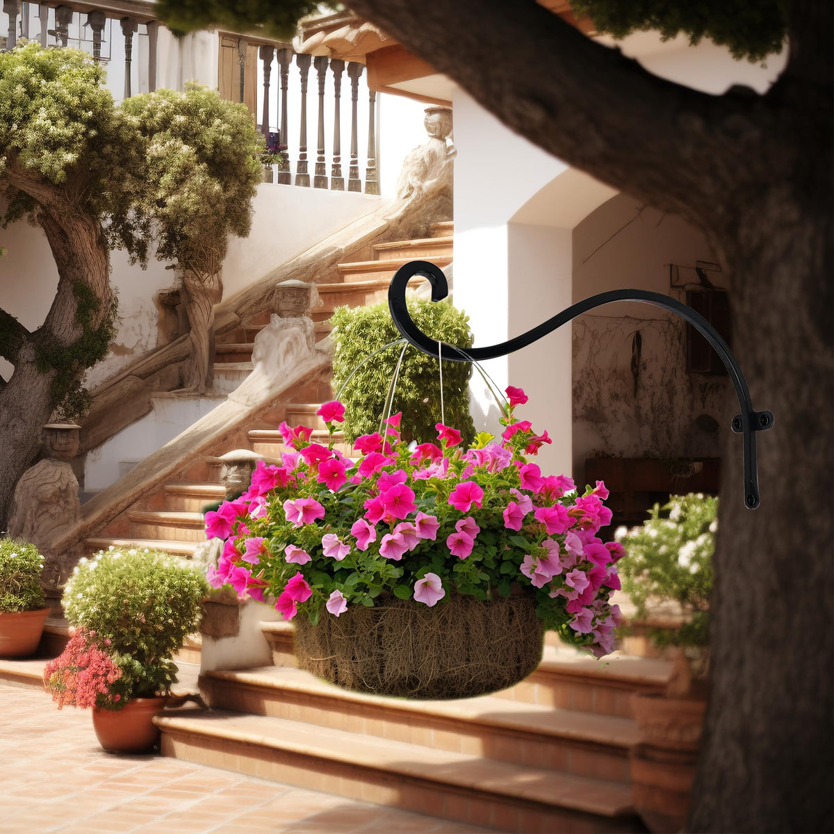 Hourleey hanger supporting hanging baskets and bird feeders in outdoor spaces.