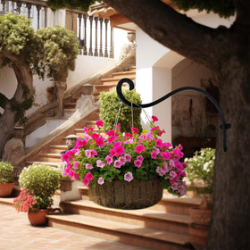 Hourleey hanger supporting hanging baskets and bird feeders in outdoor spaces.
