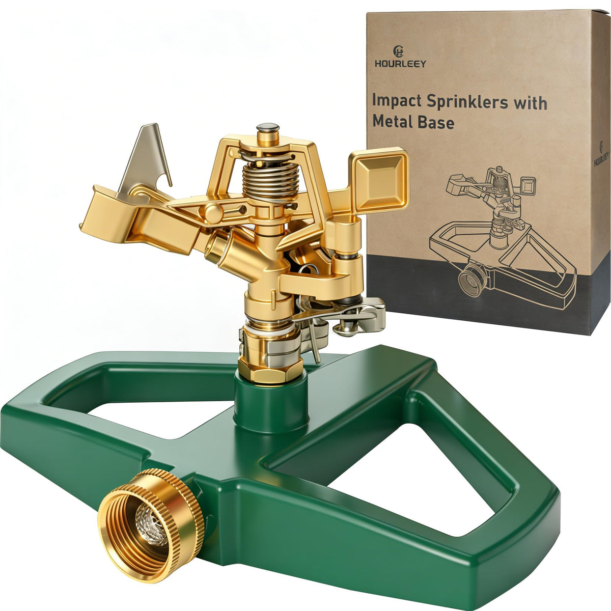 Hourleey Impact Sprinkler with metal base for stable lawn irrigation.