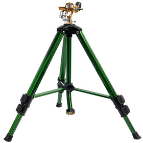 Hourleey impact sprinkler on tripod base delivers full 360-degree coverage for lawns.