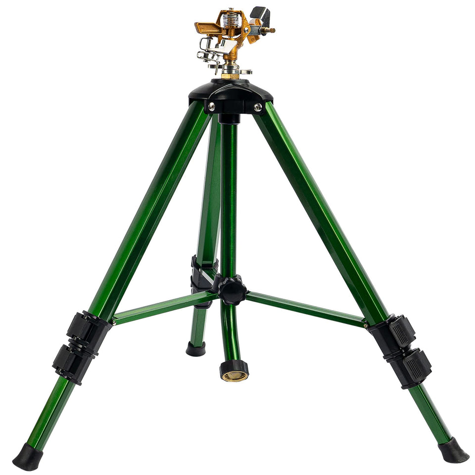 Hourleey impact sprinkler on tripod base delivers full 360-degree coverage for lawns.