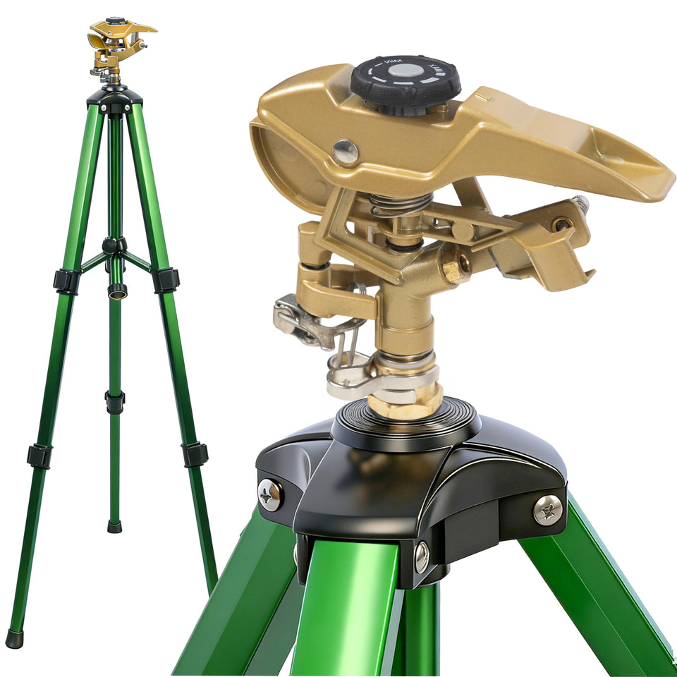 Hourleey impact sprinkler on tripod provides even lawn coverage
