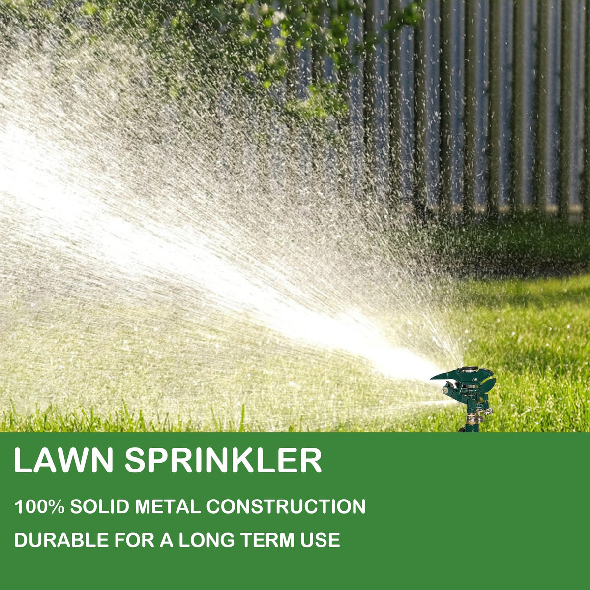 Hourleey versatile sprinkler suitable for lawns, beds, patios, and mist cooling.