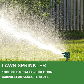 Hourleey versatile sprinkler suitable for lawns, beds, patios, and mist cooling.