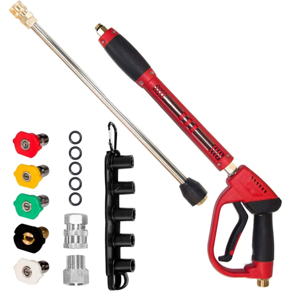 Hourleey red pressure washer gun overview showing versatile cleaning power