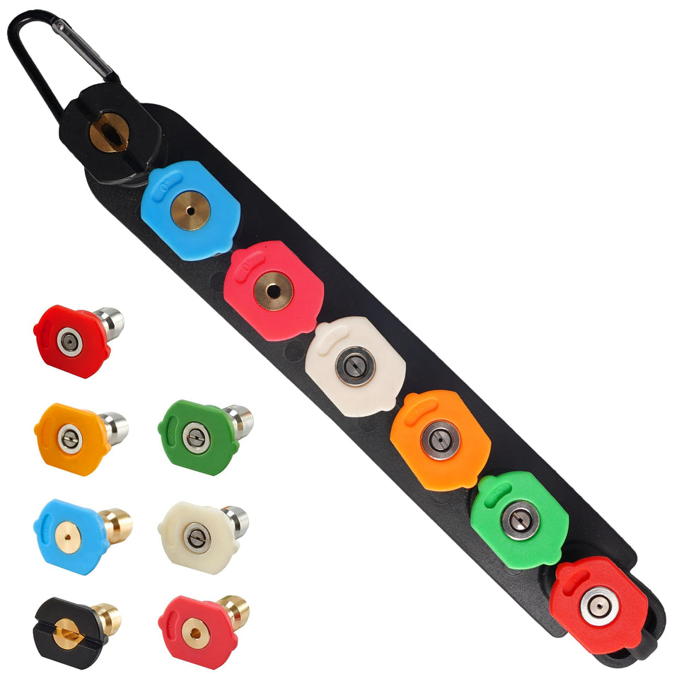 Hourleey pressure washer nozzle holder keeps nozzles organized for quick changes.