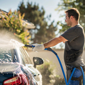 Hourleey hose in use with a pressure washer on a car exterior.