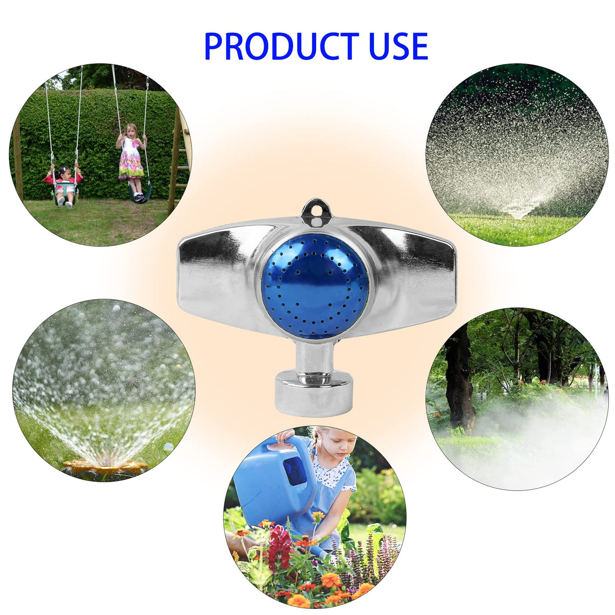 Hourleey 360-degree blue sprinkler close-up, rust-resistant polished alloy.